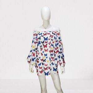 Women's Luyeess White Butterfly print Draped Neck Top, Size Large, New